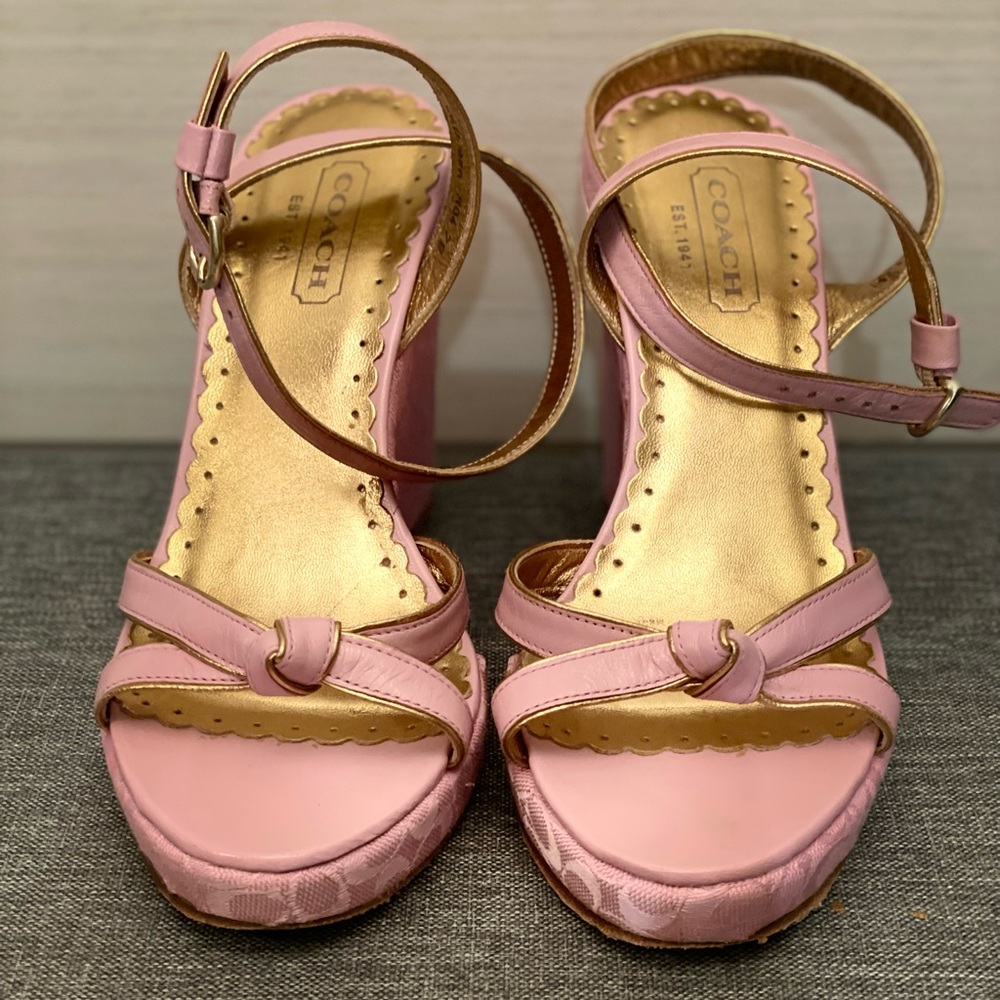 Coach wedges.  Pink leather with a fabric,Coach logo fabric wedge. Size 7